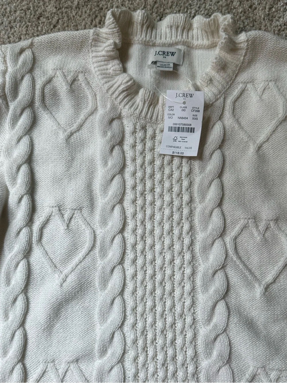 NWT J. Crew Cream Ruffle Neck Cable-Knit Heart Crewneck Sweater
